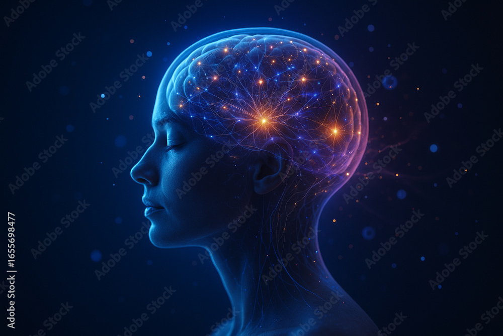 Poster ai generated conceptual sci fi artwork showing a glowing human brain with neural energy connections 