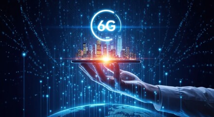 Conceptual 6G Cityscape on Hand with Globe and Tech Background