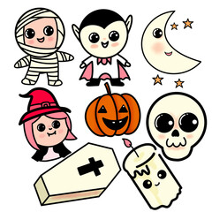 Cute Halloween Characters Set – Kawaii Style Cartoon Illustration