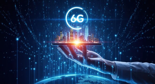 Conceptual 6G Cityscape on Hand with Globe and Tech Background