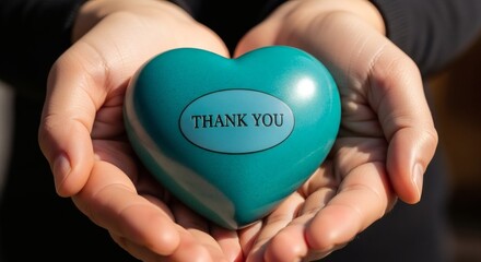 Closeup of hands gently holding a teal heart with the words thank you inscribed on it, symbolizing gratitude and appreciation