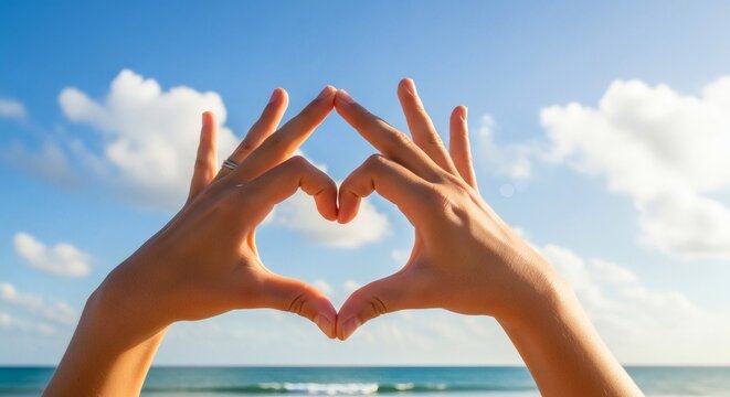 Closeup of hands forming a heart shape against a blue sky and ocean background, symbolizing love and connection