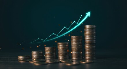 Stacks of coins with ascending arrow for investment growth financial success concept