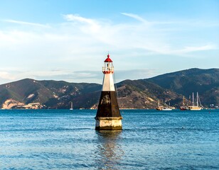 Small lighthouse in calm waters, mountains in background
