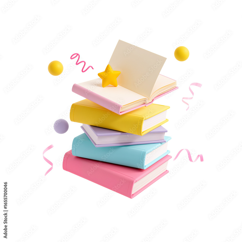 Poster Stylized book stack with floating geometric elements and a pastel color scheme on transparent