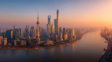 Fototapeta premium aerial view of modern city skyline and buildings at sunrise in shanghai no logos no brands ar 169