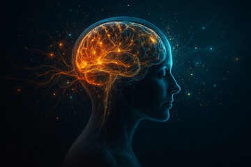 AI generated conceptual sci fi art of human brain glowing with golden blue and orange energy fibers symbolizing creativity knowledge and universal connection