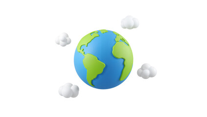 Stylized Earth globe with fluffy white clouds, presented with a modern 3D render illustration