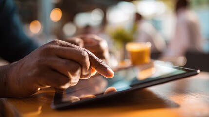 selective focus close up of black mans hands holding digital tablet with reflective touchscreen surface using highspeed internet connection while relaxing at the students cafe after classes no logos