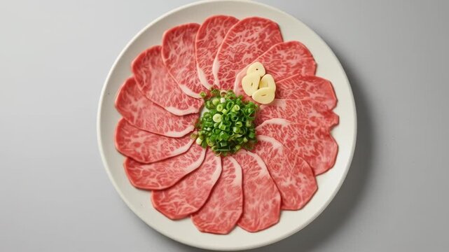Sliced, marbled raw meat arranged on a white plate with green onions and garlic, set against a gray background