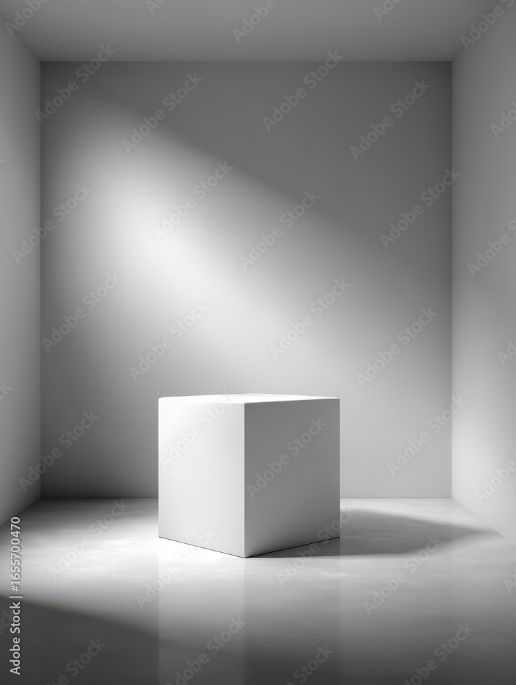 Poster minimalist white cube in an empty room with soft shadows and neutral tones mockup of a box with a bl