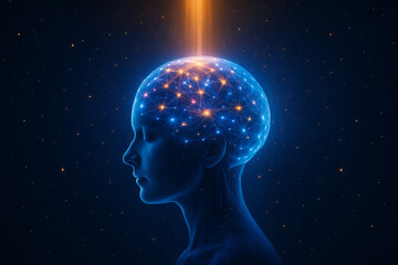AI generated sci fi digital artwork showing human head with glowing brain illuminated by golden cosmic light symbolizing consciousness creativity inspiration and futuristic intelligence