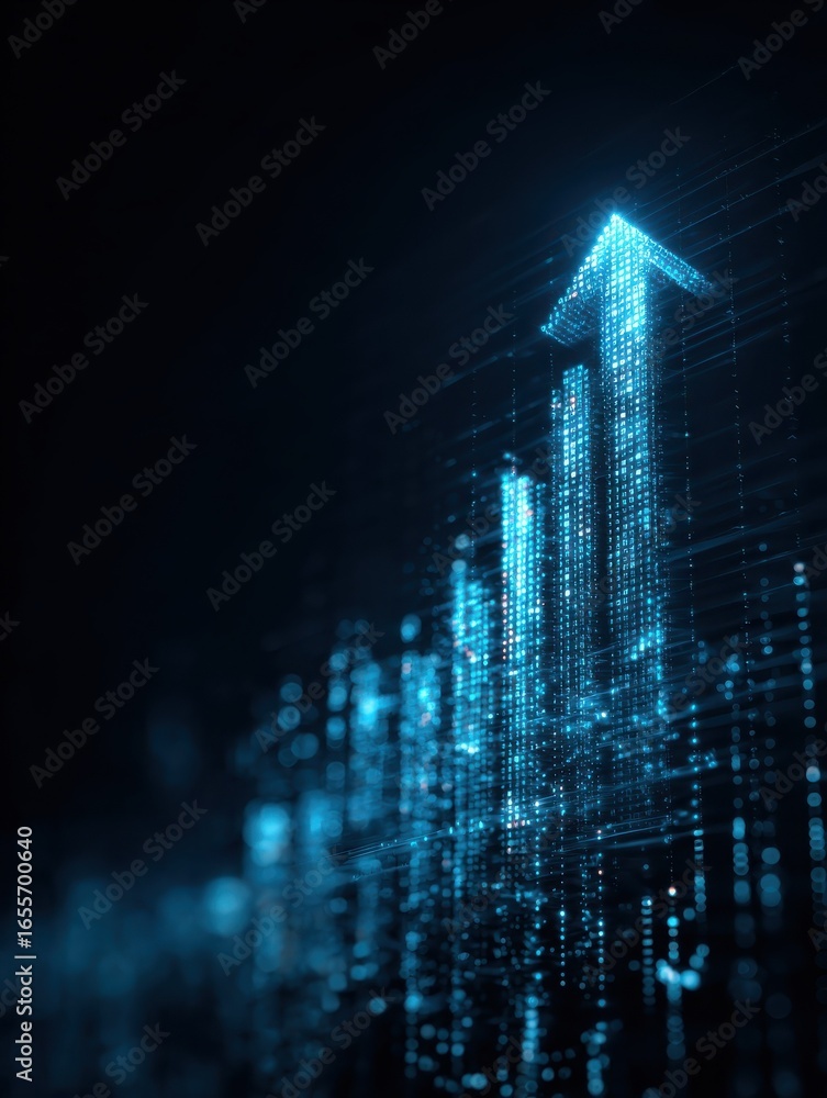 Aufkleber a digital art image shows a bar graph with an upwardpointing arrow all rendered in a glowing blue hu