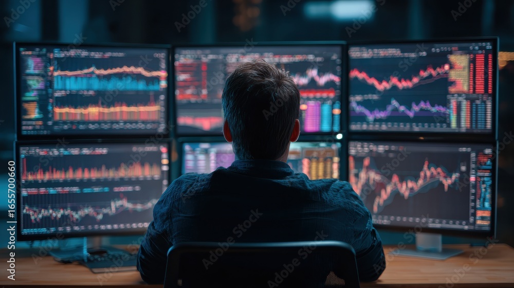 Aufkleber crypto trader investor analyst broker using pc computer analyzing digital cryptocurrency exchange st