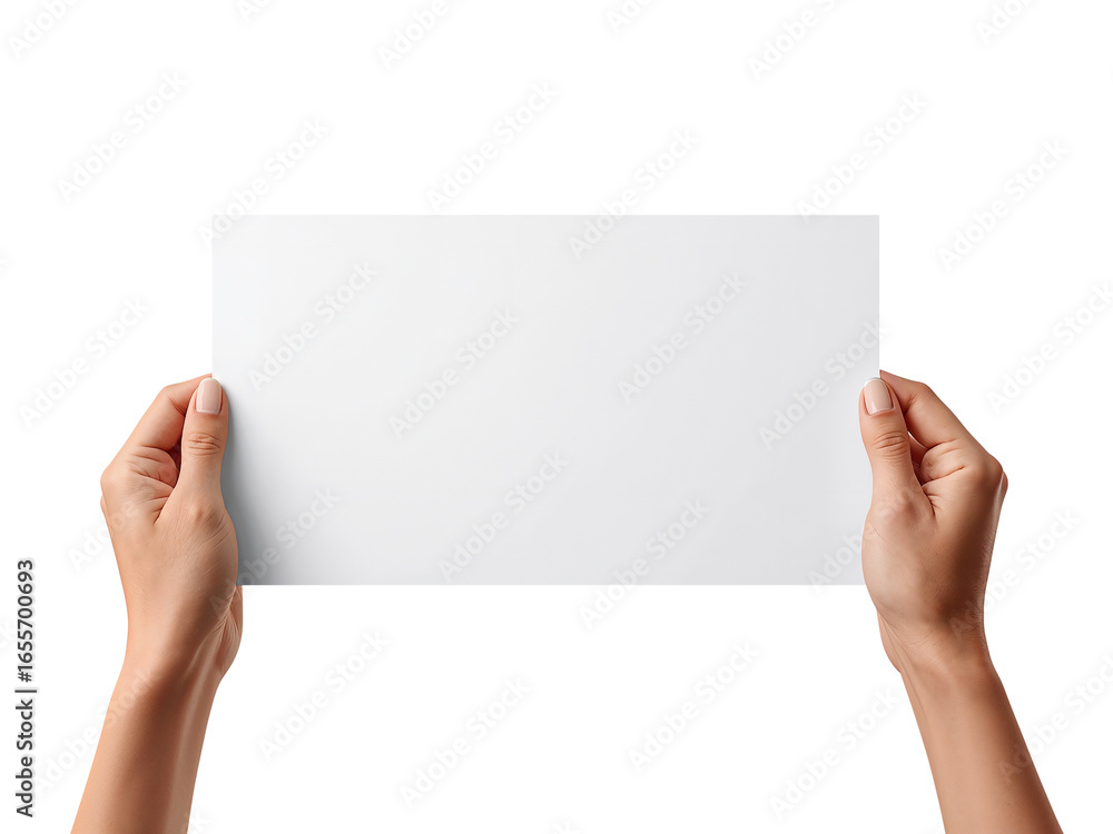 Poster hands presenting a rectangular blank paper sheet against an isolated transparent setting