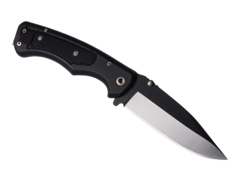 Angled Side View Tactical Survival Knife with Matte Finish and Textured Handle, Transparent PNG