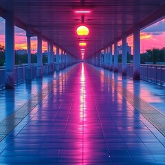 Fototapeta premium Pink-lit walkway under a covered bridge at dawn.