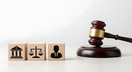 Law and justice concept: gavel, scales, and court icons