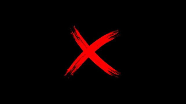 Hand-drawn red cross mark animation. Painted an X symbol with brush strokes on a transparent background. Red cross sign for cancel, error, wrong, denial or incorrect motion graphic element design.