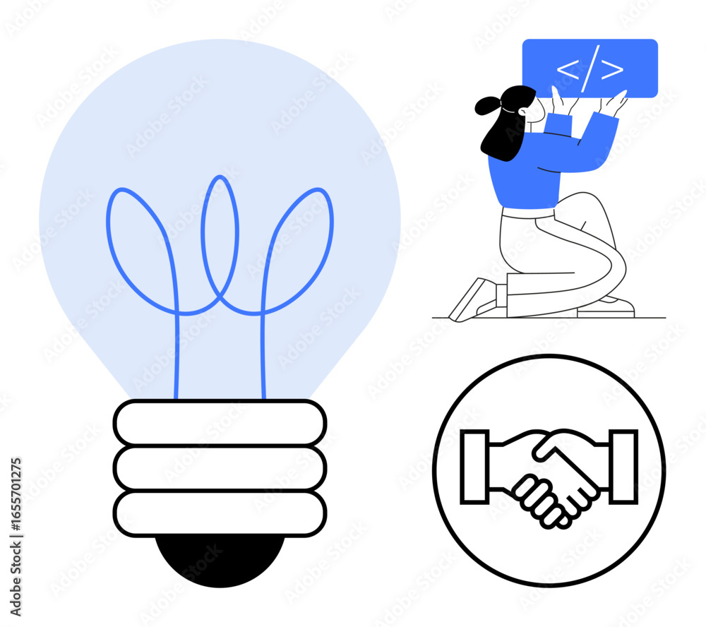 Poster lightbulb with abstract design, developer working with code, handshake symbol. ideal for innovation,