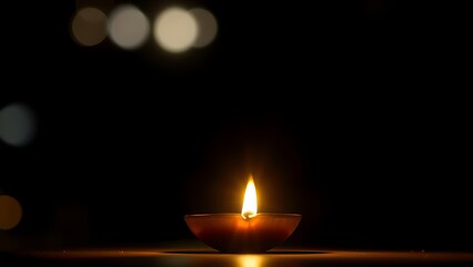 Golden diya glowing in darkness, symbolizing tradition and festive spirit in Indian culture.