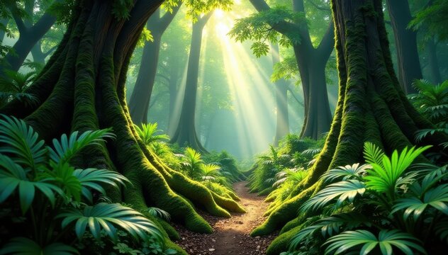 Sun-drenched jungle floor, giant ferns, ancient trees, Vietnam, Laos, Southeast Asian jungle