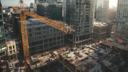 An overhead view captures an urban construction site with skyscrapers in various stages of completion. A yellow crane towers. Workers in safety gear dot the rooftops
