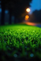 Naklejka premium Close-up shot of dew-covered grass illuminated by car headlights at night, creating a surreal glow The vibrant green contrasts beautifully with the dark background , wet, landscape, scenic