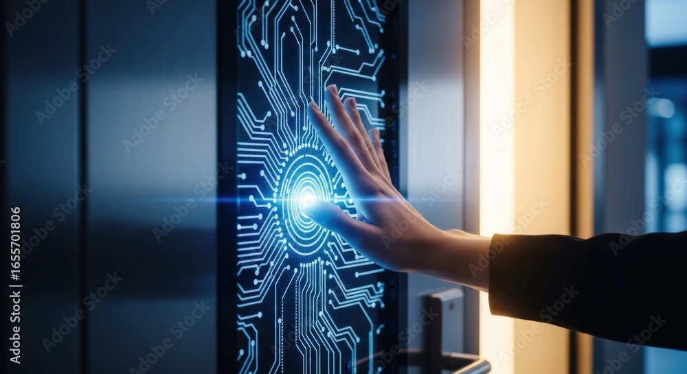 Poster a person's hand interacts with a high-tech door access control system, using fingerprint scanning te