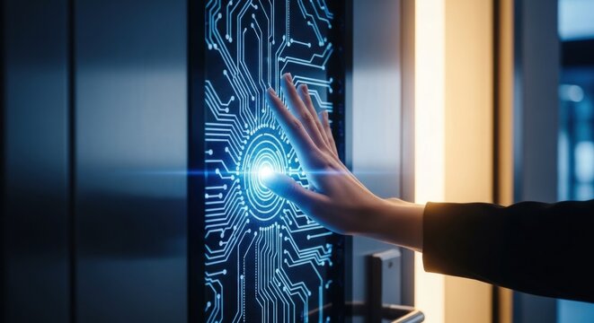 A person's hand interacts with a high-tech door access control system, using fingerprint scanning technology for secure identification and authorization