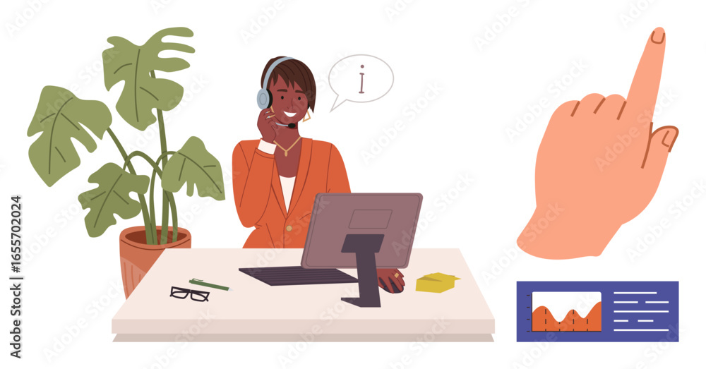 Poster support agent using a headset while working at a desk with a computer, plant, and sticky notes. hand