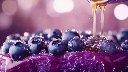 Close-up of blueberries with a syrup pouring, enhanced by a bokeh background