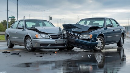 Two Cars Damaged in a Frontal Collision on a Wet Roadway After a Traffic Accident Incident