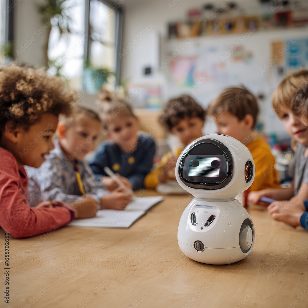 Poster a small friendly educational robot with a digital face guiding a group of children through basic cod