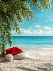 christmas background with red santa hat and palm tree branch on caribbean beach
