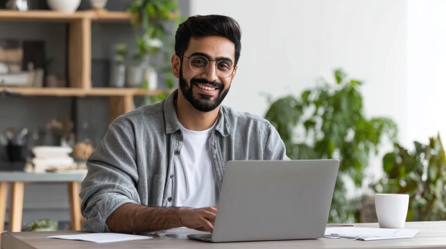 smiling indian business man working on laptop at home office young indian student or remote teacher using computer remote studying virtual training watching online education webinar at home office no