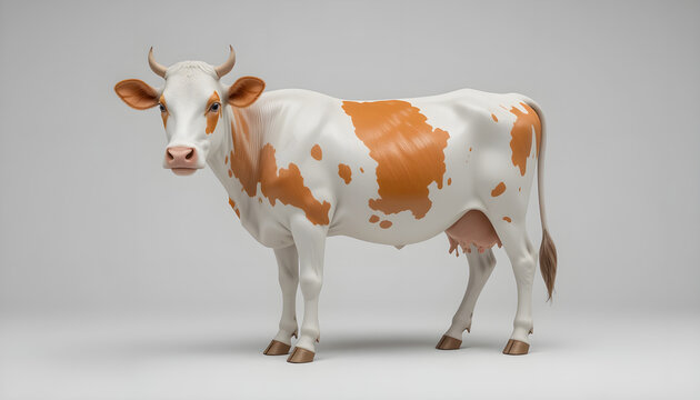 White and Orange Spotted Dairy Cow on White Background

