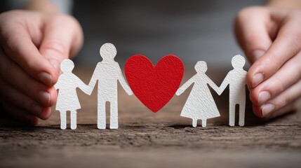 close up hands of father mother and daughters protecting family paper cutout with red heart hands of family with paper cutting and red heart shaped symbol stone unity insurance and love concept no lo