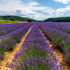 Naklejka premium Rows of purple lavender plants stretch to distant hills under a bright sky