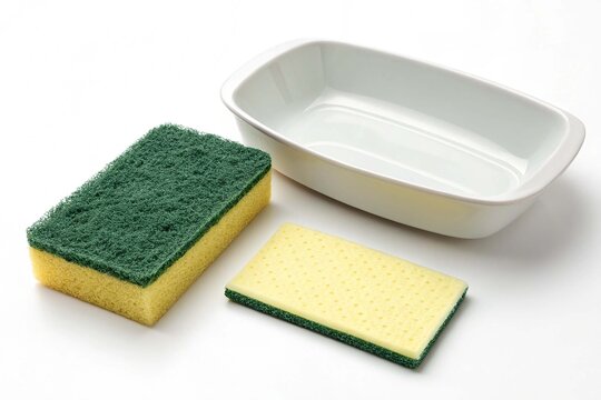 Flat lay scotch brite and dish on a white background