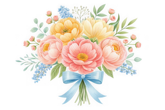 Beautiful watercolor bouquet of peonies and roses with a blue ribbon