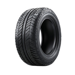 A black rubber tire for cars, clean surface and precise tread design, professional product photography, isolated perfectly on pure white background