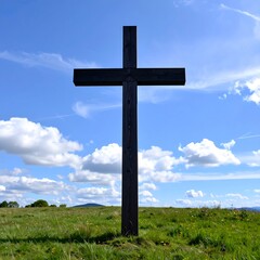 Wooden cross on hilltop