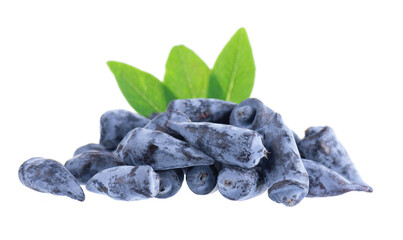 Honeysuckle berry isolated on white background. Fresh honeysuckle blue berry fruits with green leaves. Clipping path.
