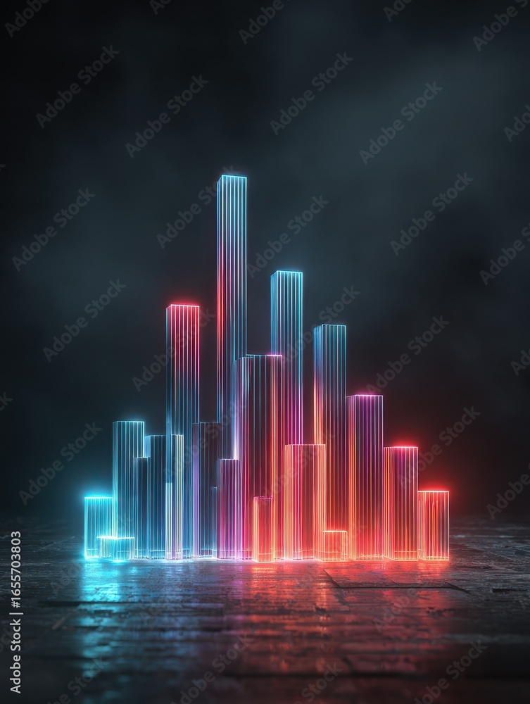 Poster digital bar graph with neon lights on a dark background displaying a futuristic approach to financial data and analytics