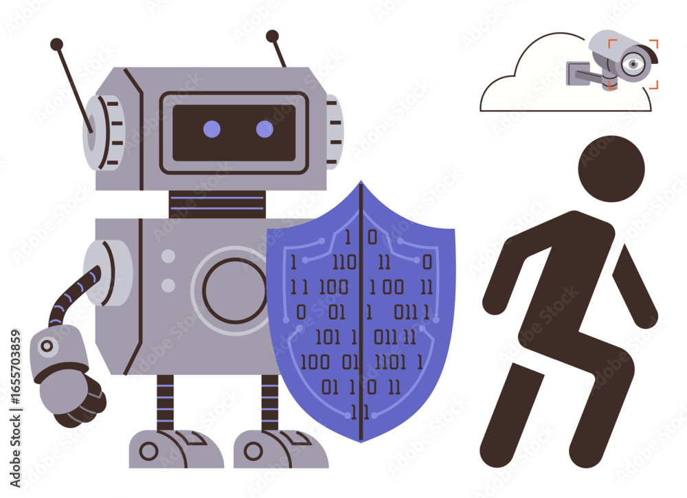Poster robot holding binary shield beside walking person and cloud camera. ideal for artificial intelligenc