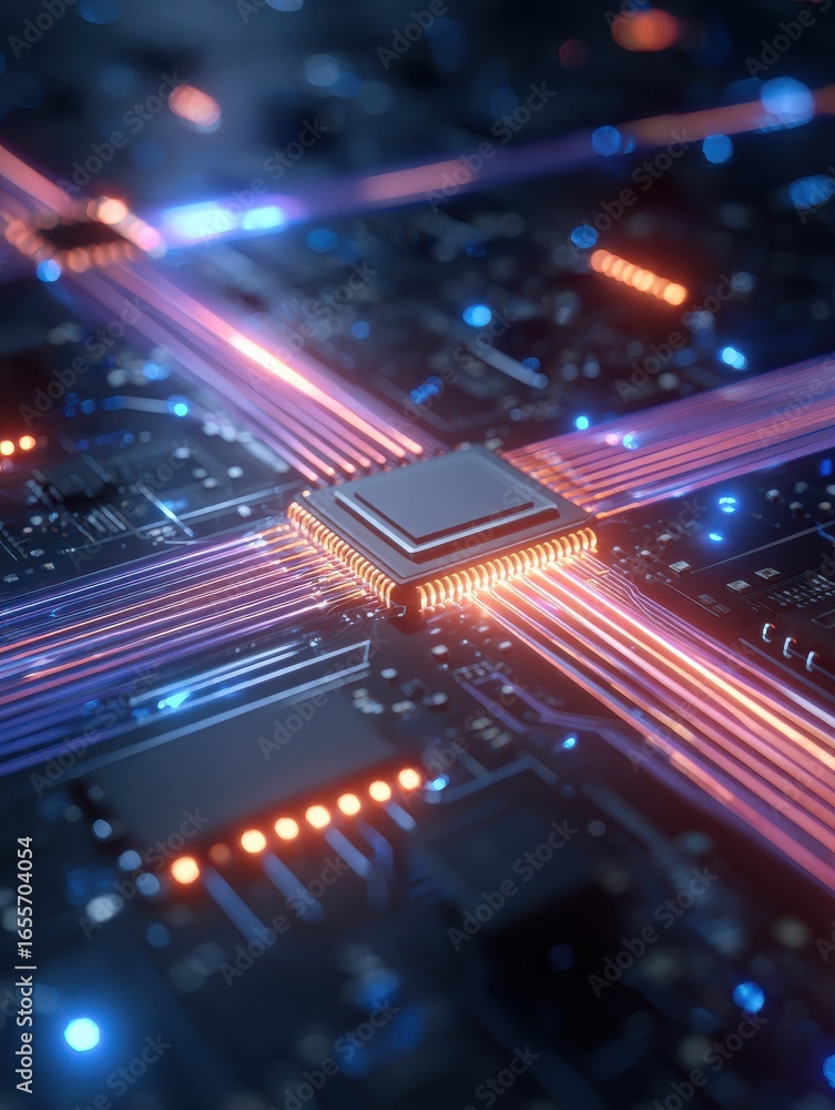 Poster vibrant visualization of an ai chip with laser beams emanating from it connecting to various digital