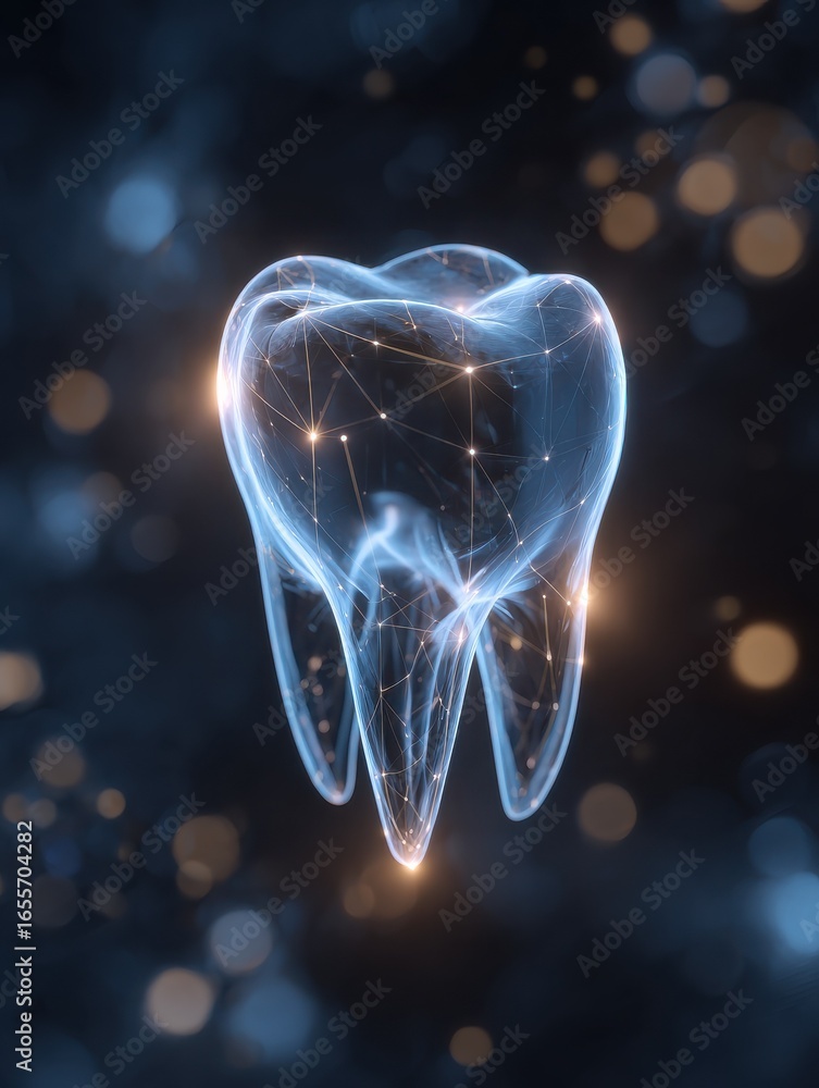 Poster a glowing blue holographic representation of a tooth is set against a dark background filled with ab