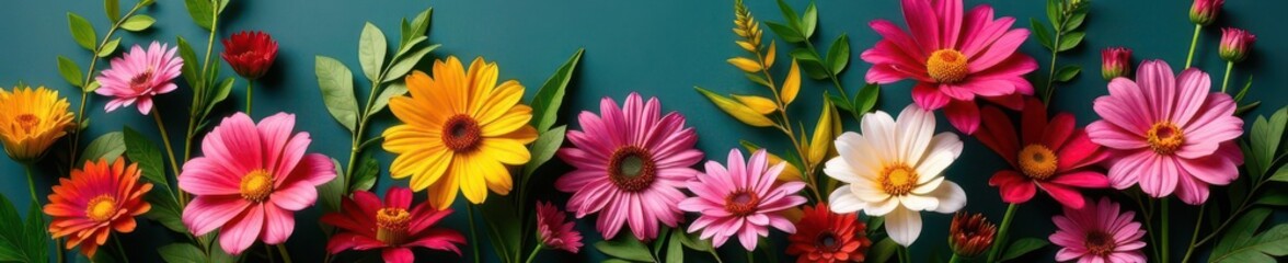 Vibrant bouquet, diverse blooms, lush greenery, vibrant colors, petals