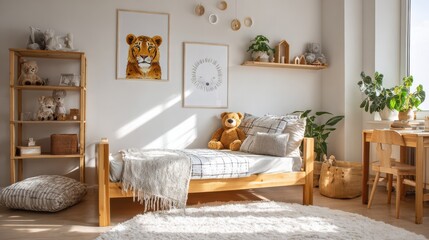 natural bright kids bedroom interior with wooden furniture designer accessories and posters on a white wall no logos no brands ar 169